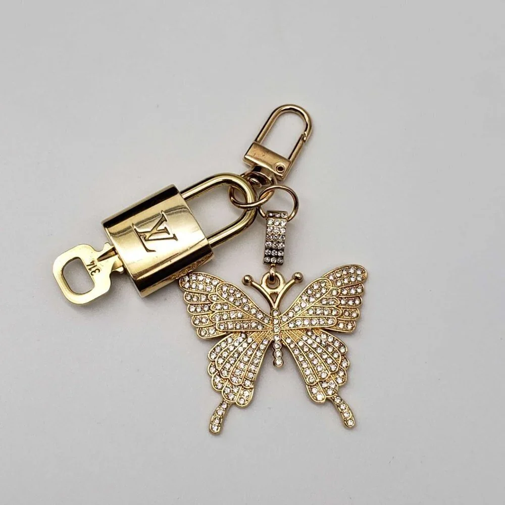 LV Authentic Gold Lock & Key 🔑 Luxury Bag Charm w/ Unbranded Butterfly Keychain